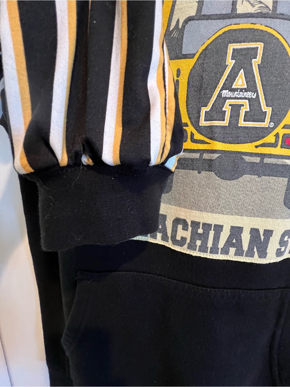 Original🖤💛Upcycled ! Appalachian State Black Hoodie w Striped Sleeves - Picture 4 of 8